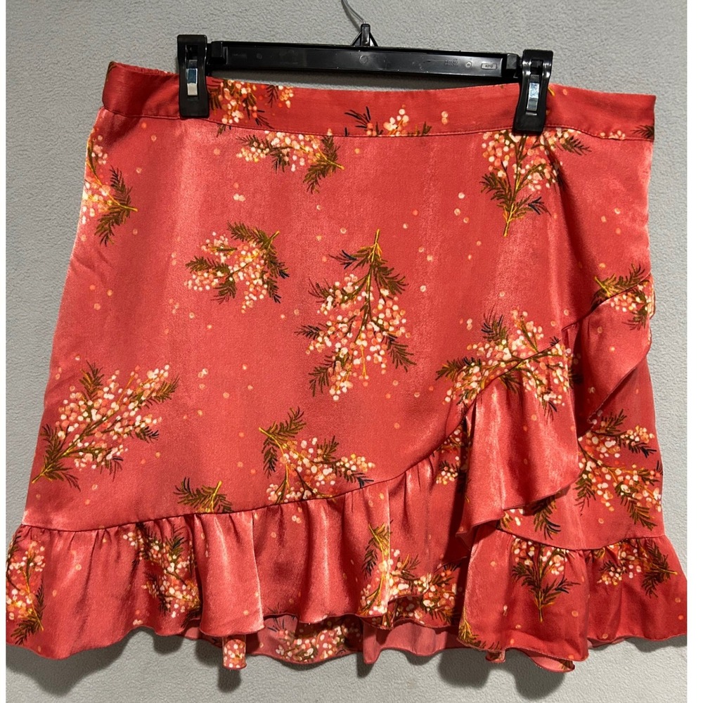 Lauren Conrad Faux Wrap Mini Skirt Women XXL Coral Floral Ruffle Cottagecore